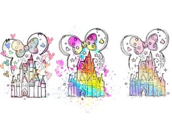 Castillo de acuarela (PNG), Castillo con lazo y orejas de Minnie (PNG), Castillo arcoíris para sublimación, Imágenes prediseñadas de Cricut, Archivos digitales del Reino Mágico