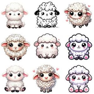May include: Nine adorable cartoon sheep illustrations. Each sheep has fluffy white wool, small pink ears, and large, expressive eyes. Some sheep have hearts, and the designs vary from full color to line art.