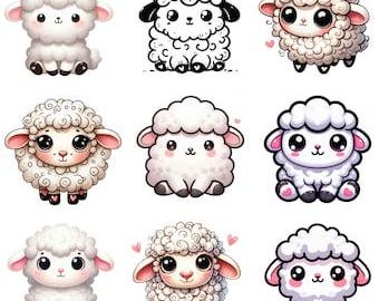 Cute Sheep Png Bundle, Baby Lamb Clipart, Kawaii Sheep Png for Cricut, Adorable Lamb Vector Cut Files, Farm Animal Png, Sublimation Designs