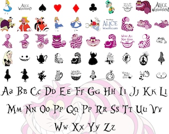 Paquete SVG de Alicia en el País de las Maravillas, clipart del Gato de Cheshire, PNG de la Reina de Corazones, archivos Cricut del Sombrerero Loco, descarga digital de la fuente del País de las Maravillas