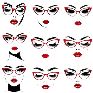 Moderiktiga ansikten Clipart-paket, röda glasögon PNG, glamorösa kvinnors ansikten, elegant sminkillustration, snygga modesublimeringsdesigner