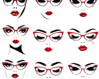 Paquete de imágenes prediseñadas de rostros de moda, gafas rojas PNG, rostros de mujeres glamurosas, ilustración de maquillaje elegante, diseños de sublimación de moda con estilo