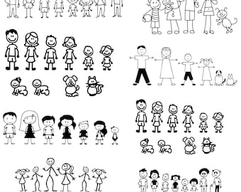 May include: Black and white line drawings of families and pets. Various family configurations are depicted, including single parents, couples, and groups of children. Pets include dogs, cats, and a fishbowl.
