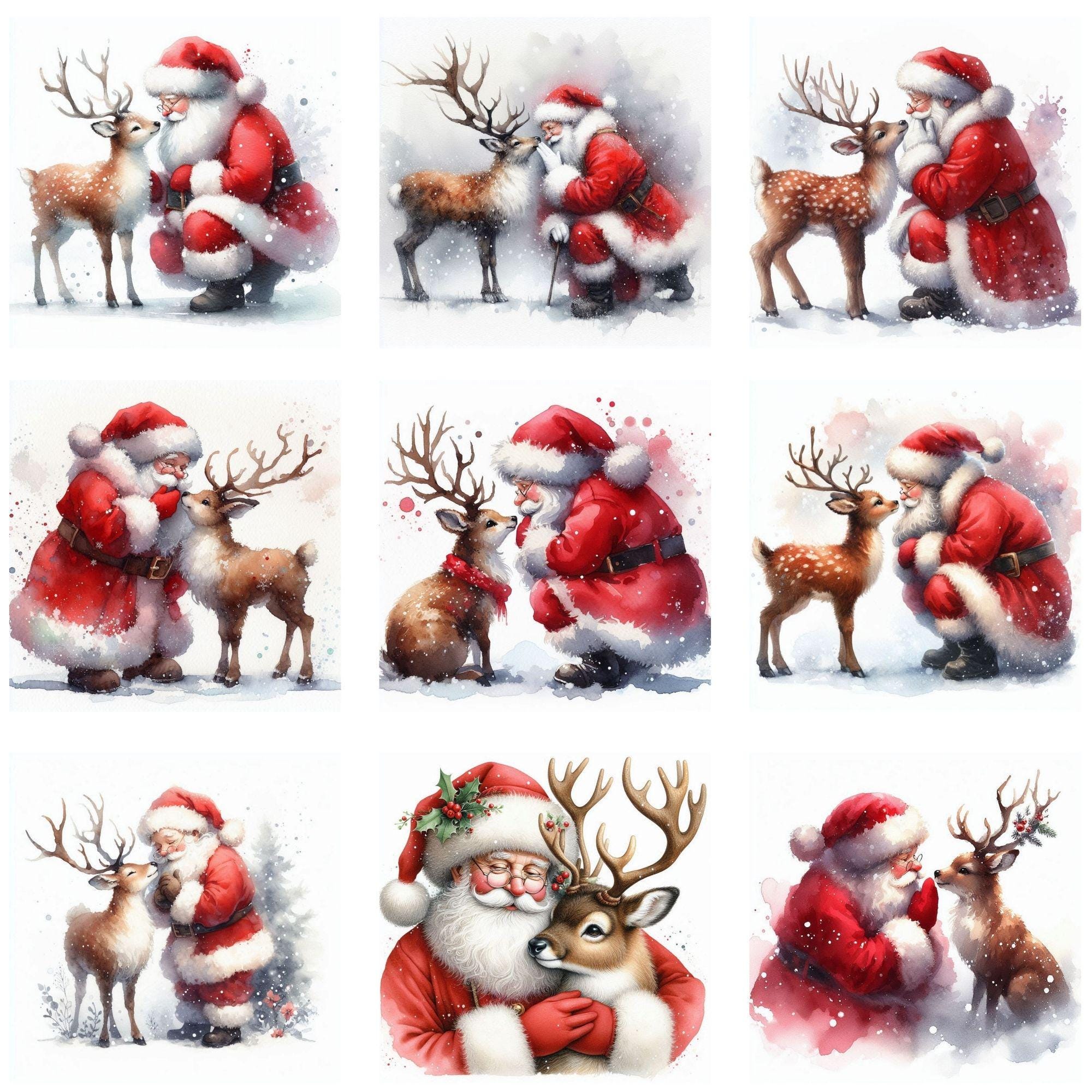 Christmas Santa and Reindeer Png Bundle, Watercolor Santa Claus Clipart ...