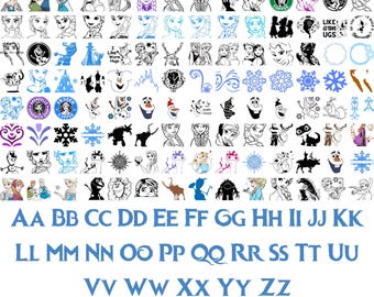 Paquete SVG de Frozen, Elsa, Anna y Olaf en SVG, Archivos SVG de princesas, Clipart de Frozen en formato PNG, Fuente de copo de nieve, Personajes de Frozen en SVG para Cricut Silhouette