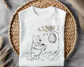Oso lindo con tarro de miel PNG, clipart de Pooh, ilustración de colmena, animal del bosque SVG, oso de dibujos animados PNG, paquete de descarga digital