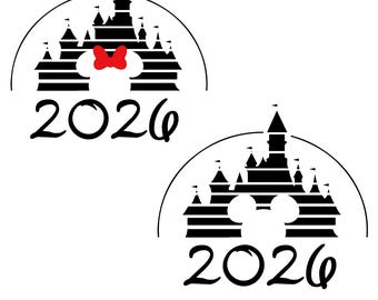 Paquete SVG de castillo 2026, SVG de castillo minimalista con orejas de ratón, archivos de corte para viajes familiares, diseños de sublimación de siluetas de Cricut, camisetas a juego