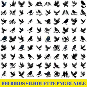 Puede incluir: Un conjunto de 100 imágenes PNG de siluetas de pájaros negros, que muestran aves en vuelo, posadas y en grupos. Las imágenes están sobre un fondo blanco. El texto en la parte inferior dice "100 BIRDS SILHOUETTE PNG BUNDLE."