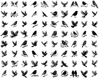 Paquete de 100 siluetas de aves PNG, imágenes prediseñadas de aves voladoras, gorriones PNG, formas de aves PNG, siluetas de animales, aves PNG para Cricut y sublimación