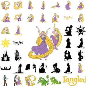 May include: A selection of Rapunzel-themed stickers and graphics. The images include Rapunzel in a purple dress with long blonde hair, silhouettes, a sun, a castle, and the word "Tangled" in a yellow font.