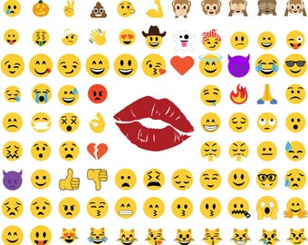Paquete de emojis SVG, emoticonos SVG PNG, cara sonriente SVG, emoji de gato SVG, labios de beso SVG, emoji de corazón SVG, caras divertidas SVG para Cricut
