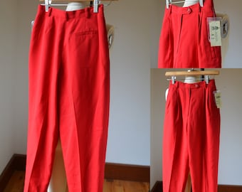 90's NWT Vintage Bright Red Wool Lined Pleated Tapered Trousers Women's Size 23/27, Vintage Lined Wool Trousers By Austin Reed XS