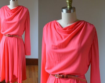 80's Bright Pink Long Sleeve Blouson Dress Women's Size Small, Vintage Soft Pink Dress With Gathered Neck Women's Size Small 4/6
