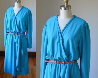 80's Aqua Blue Vintage Blouson Style Dress With Cinched Waist Size Large By Blair