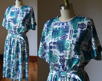 Vintage 1980's Brightly Colored Blouson Dress Women's Size Large By Nancy ll, Colorful Abstract Vintage Cinched Waist Dress Women's Size Lg