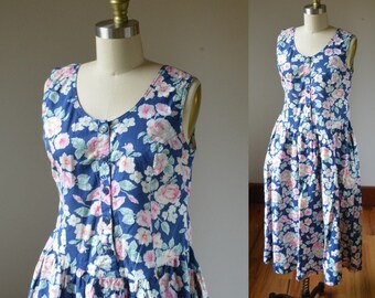 1990's Floral Jumper Dress With Pockets By Vanity Fair Size Small, Vintage Blue Floral Jumper Size Small