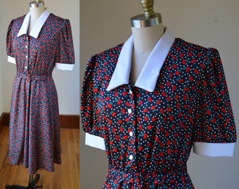 Vintage 80er Jahre Schwarz Und Rot Floral Kurzarm Kleid Damen Größe Medium, Vintage Floral Leichtes Kleid mit Großem Kragen Größe Medium