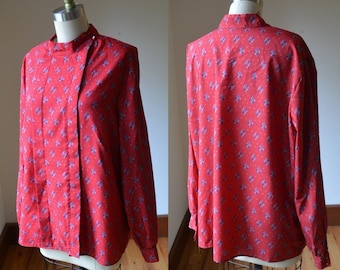 Vintage Long Sleeve Red Blouse Size Large, Vintage Secretarial 80's Red Light Weight Blouse Size Large By Personell