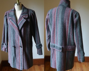 Vintage Purple/Gray Wool Winter Coat, Double Breasted Purple And Gray High Neck Wool Coat Women's Size Medium