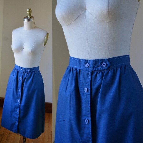 1980's Vintage Button Down Blue Skirt With Pockets USA Made Women's Size Small 8 Medium