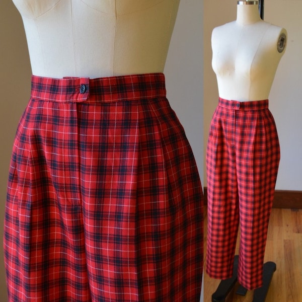 Vintage Pleated Tapered Red Plaid High Waist Trousers Women's Size 26/28, Red Plaid Tartan Pleated Pants By Koret women's size 6/8