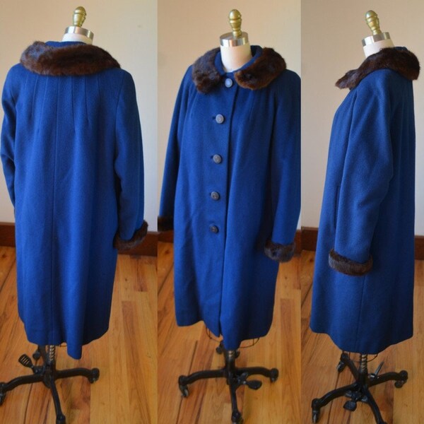 Vintage Mid Century Blue Swing Coat With Mink Fur Trim Women's Size Medium, Vintage Lined Fur Trimmed Blue Swing Coat