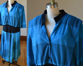 80's Vintage Royal Blue And Black Blouson Dress By BBW Size 18/20 XXL