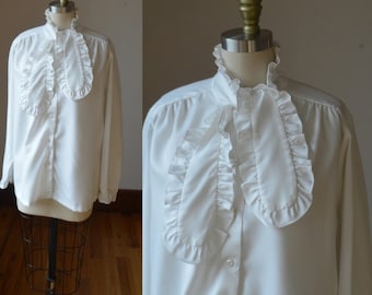 1980's Vintage White Essential Long Sleeve Button Down Blouse With Neck Tie Women's Size Large, Long Sleeve Dress Blouse Size large