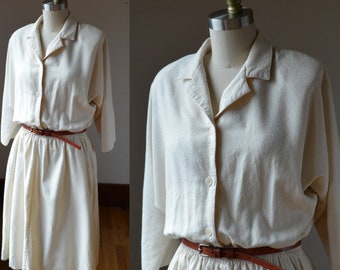 1980's Neutral Cream Silk Blouson Dress Women's Size 8/10 By Island Spirit, Silk Neutral Essential Wardrobe Dress Size Medium With Pockets