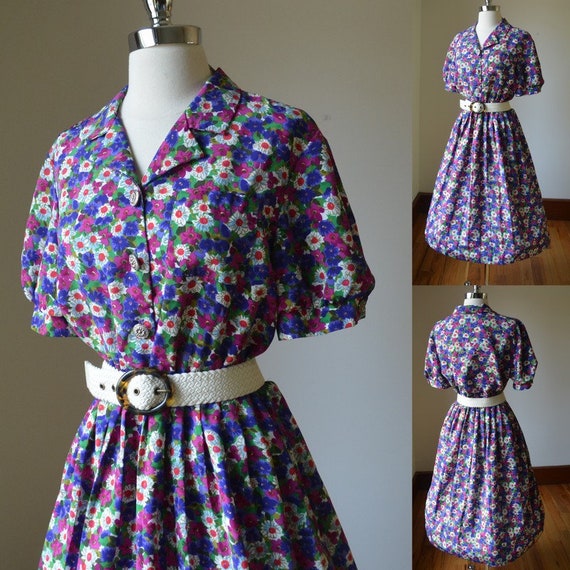 80's Purple/Pink Floral Blouson Dress Women's Size