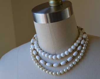 Collection Of Three White Beaded 1950/60's Costume Jewelry Necklaces