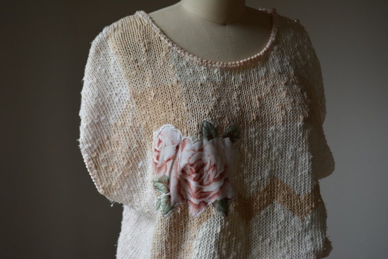 80's Vintage Oversized Short Sleeve Sweater With Embroidered Rose Size Large By Erika image 4