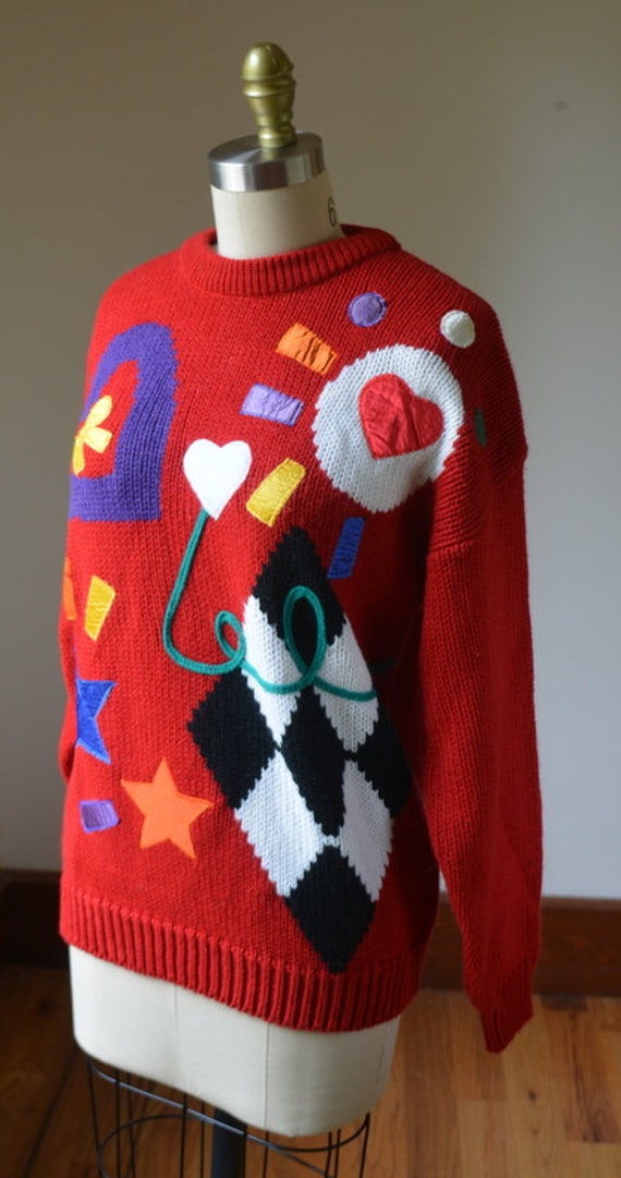 1980's Red Abstract Sweater By Cherry Stix LTD Si… - image 2