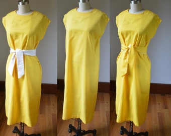 80's Vintage Yellow Dress With Interchangeable Belt Size Medium , Vintage 80's Bright Yellow Vintage Dress Size Medium