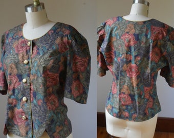 1980's Floral Short Cropped Jacket/Blazer With Exaggerated Shoulders and Gold trim Size Medium