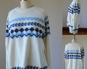 Vintage Cream And Blue Nordic Winter Sweater Size Large, Vintage Blue and Cream Vintage Acrylic Sweater Size Large