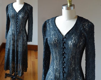 1990's Long Sleeve Full Black Lace Dress With Tie Back By All That Jazz Size Small, Vintage Black Lace Dress Size Small