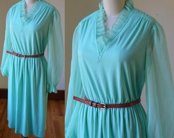 80's Vintage Green Blouson Style Dress With Shear Sleeves Women's Size Medium, Lime Green Vintage Long Sleeve Light Weight Dress Medium
