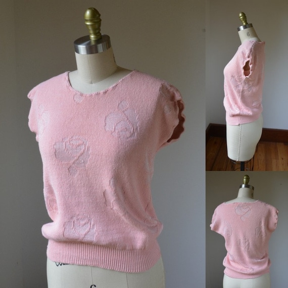 1980's Vintage Pink Short Sleeve Sweater By Kate … - image 1