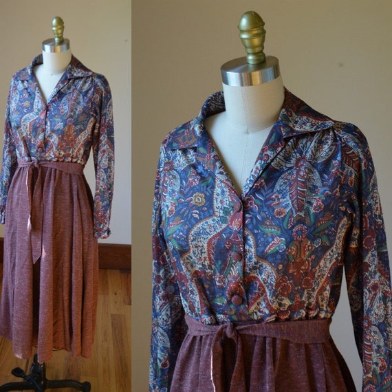 1980's Burgundy Paisley BoHo Blouson Dress With B… - image 1