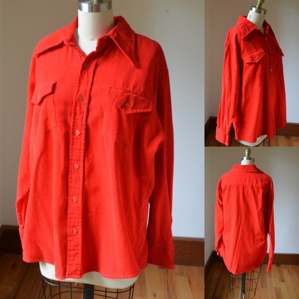 70's Vintage Bright Red Corduroy Button Down Shirt By Sears Size Medium, Vintage Red Corduroy Shirt Size Medium