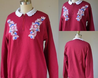 Vintage Red Sweatshirt With Faux Collar Size Small, Vintage Red Floral Sweatshirt Size Small