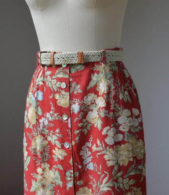 90's Vintage Floral Linen High Waisted Skirt With… - image 4