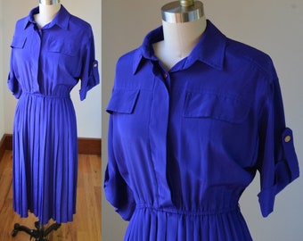 1980's Purple Short Sleeve Blouson Dress Size 4 Petite By Alexis, Vintage Purple Cinched Waist Blouson Dress Size Small