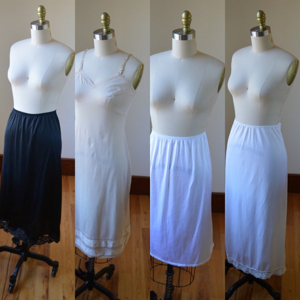 Vintage Bundle Of Four Nylon Full And Skirt Slips Size Small, Vintage Collection Of Skirt And Full Lace Slips, Nylon Slip Collection Size SM