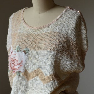 80's Vintage Oversized Short Sleeve Sweater With Embroidered Rose Size Large By Erika image 2