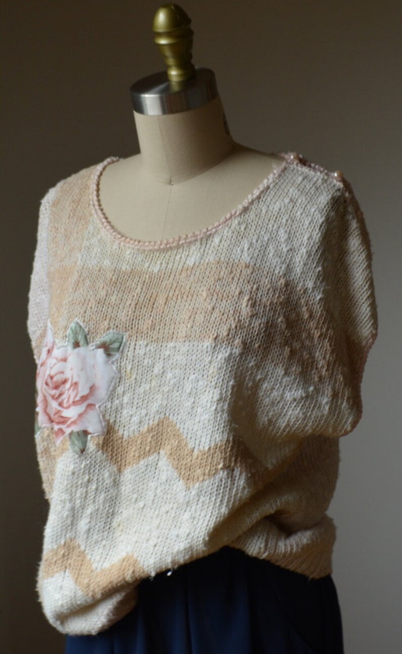 80's Vintage Oversized Short Sleeve Sweater With Embroidered Rose Size Large By Erika image 2