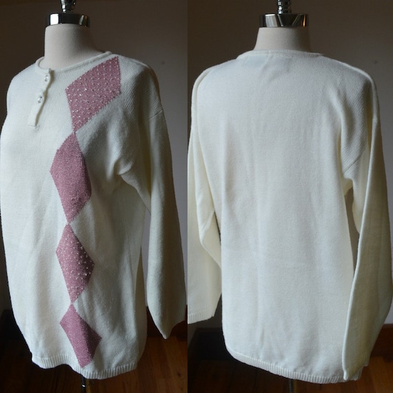 80 s White and Pink Sequin Argyle Long Sleeve Sweater Women s Size Medium Long White and Pink Oversized Sweater by Gladys Bagley Medium Etsy UK