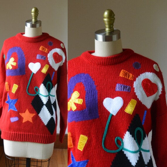 1980's Red Abstract Sweater By Cherry Stix LTD Si… - image 1