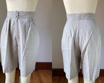1990's Vintage Sand Pleated Bermuda Shorts Women's Size 6, Vintage Sand Linen Blend Bermuda Shorts Waist Size 26 Measured